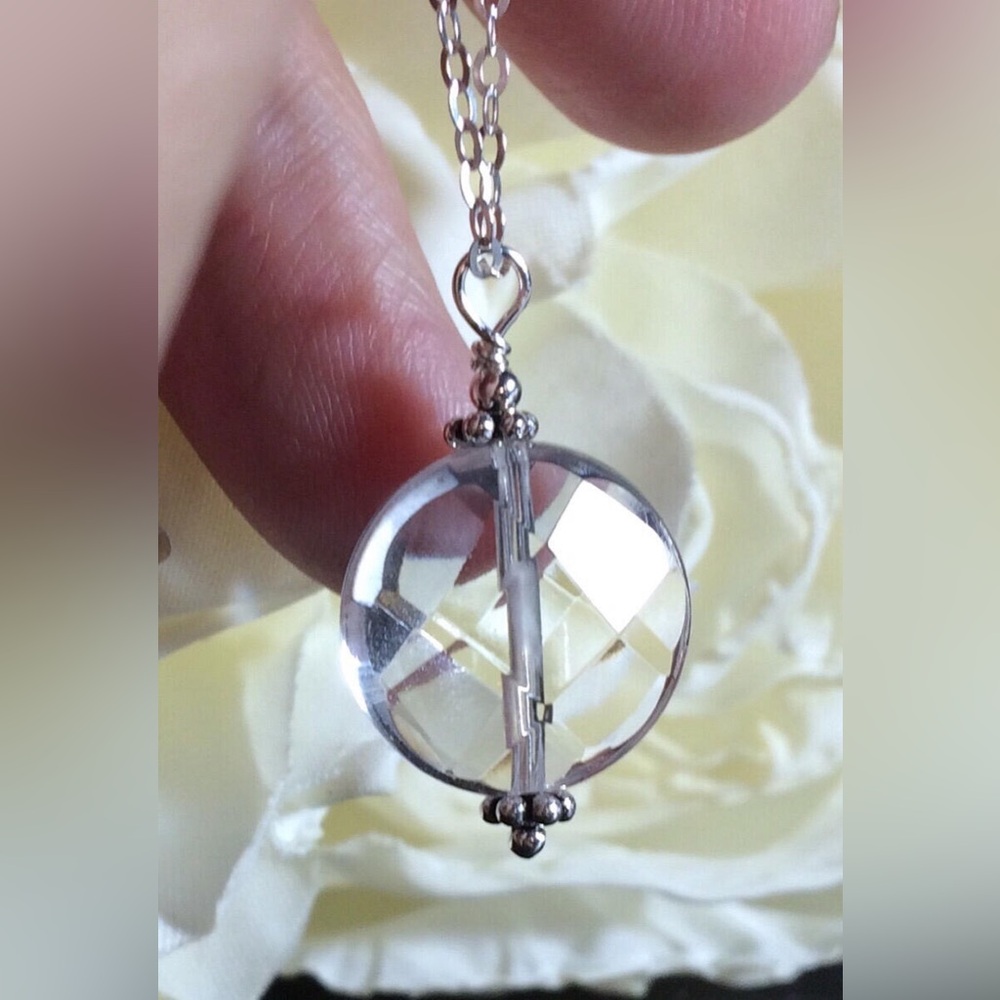 Natural Rock Quartz .925 Sterling Necklace Faceted Crystal Clear Quartz Coin
